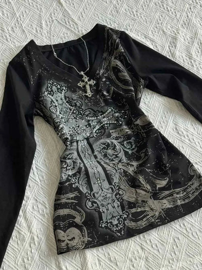 Women s Y2K Gothic Black Printed V neck Long Sleeve Tight Waist T shirt American Retro Autumn New Fashion Slim Fit Top