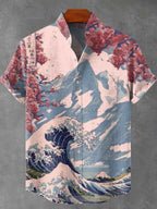 Summer Men's Short Sleeve Shirt Wave Vintage 3D Printed Casual Fashion Linen 100% Men's Beach Holiday Short Sleeve Shirt