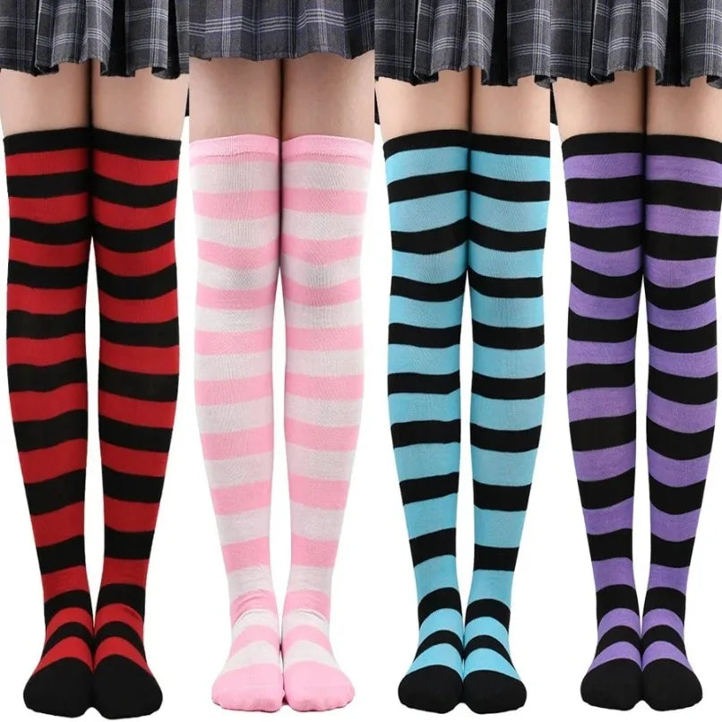 Thigh High Stockings Womens Striped Ladies Girls Black White Pink Long Over Above Knee Socks Femboy Cosplay Lolita Harajuku Y2k