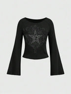 Y2K Grunge Emo Pattern Top Suitable for Autumn E-Girls Millennium Style Women's Aesthetic Gothic Printed Loose Long Sleeve T-shi