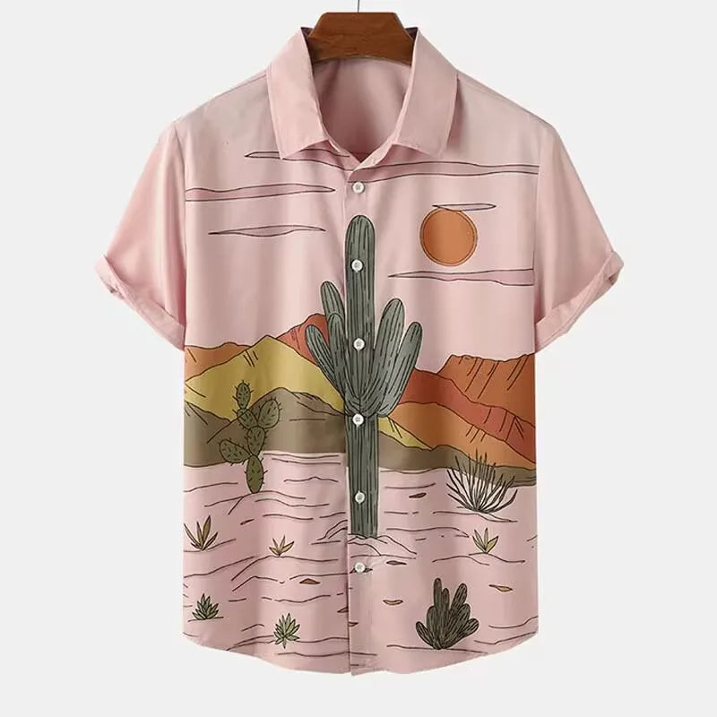 Fashion Men's Cactus Desert Printed Shirts Casual Hawaiian Beach Resort Shirt Summer Natural Landscape Vintage Printed Shirts