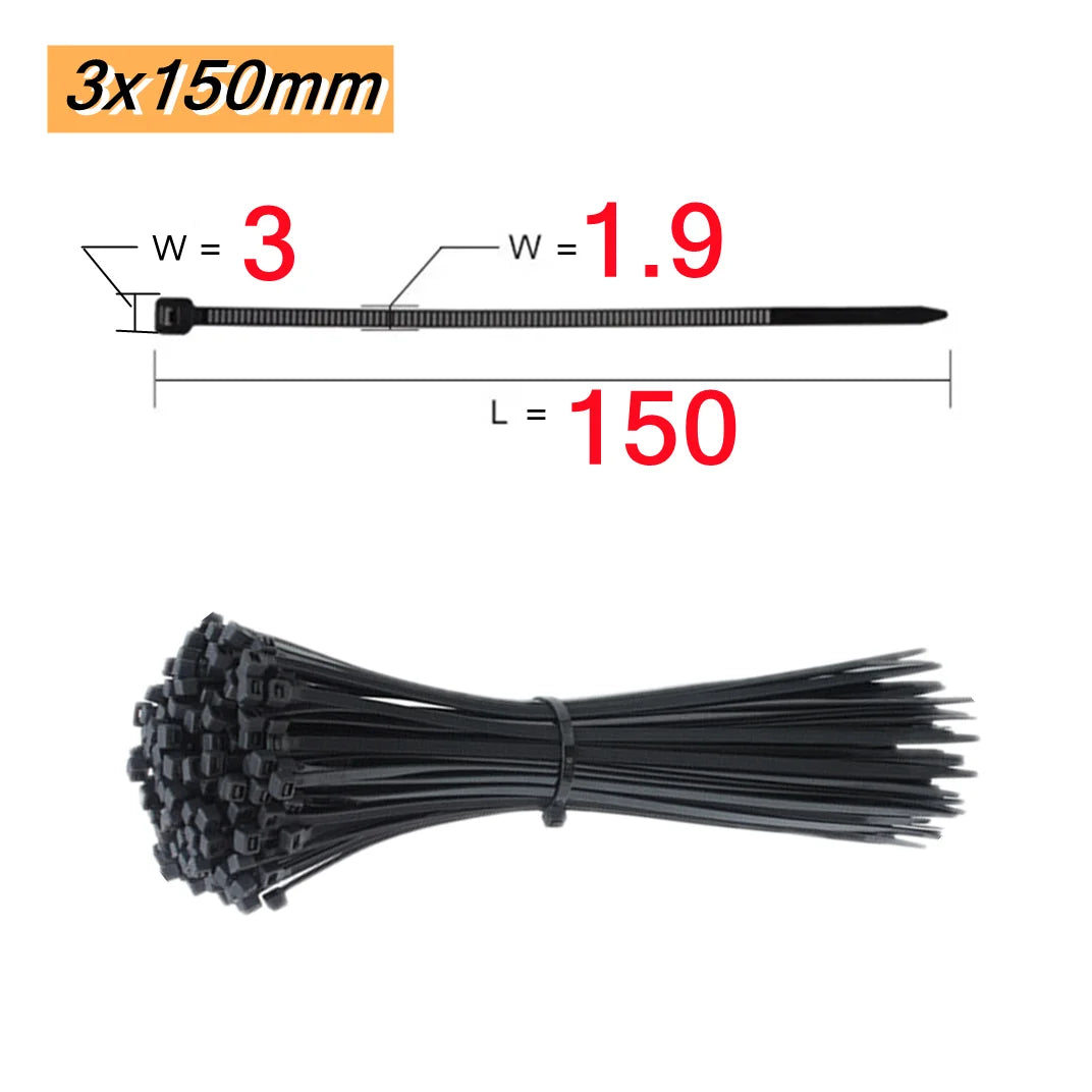 100 PCS Self-locking plastic nylon tie 100 PCS black cable tie fastening ring cable tie zip wraps strap nylon cable tie set