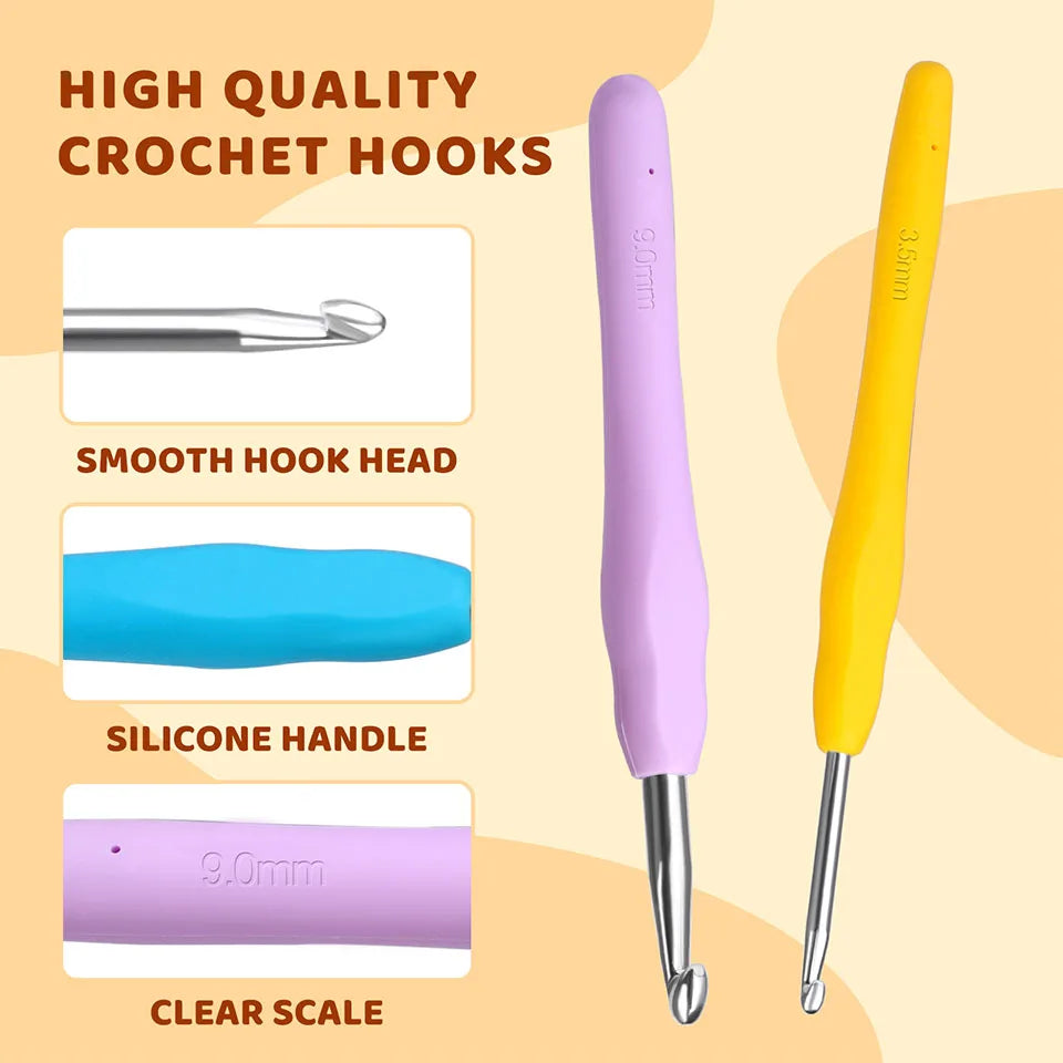 IMZAY Colorful Rubber Handle Knitting Needles Kit With Sewing Clips Plastic Needles Staniless Steel Scissors Crochet Hooks Set
