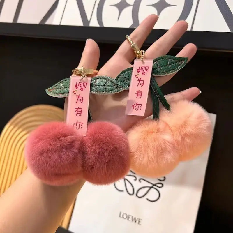 ZAKOL New Cute Fluffy Rex Rabbit Fur Ball Pompom Leaf Keychain Cherry Key Chain Handbag Car Key Chain Ring Gift