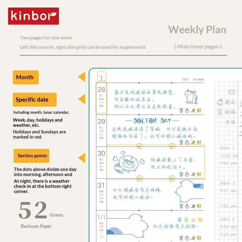 Kinbor 2027 Weekly Planner Pocket Size Notebook Week Plan Notepad Schedule Planning Book Punch Efficiency Manual Daily Writing