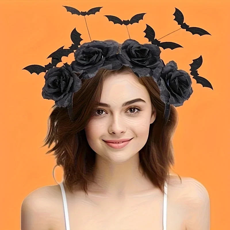 1pcs Halloween Party Headband Cute Witch Hat with Black Artificial Flowers Gothic Bat Clip Role-playing Accessory Party DIY Deco
