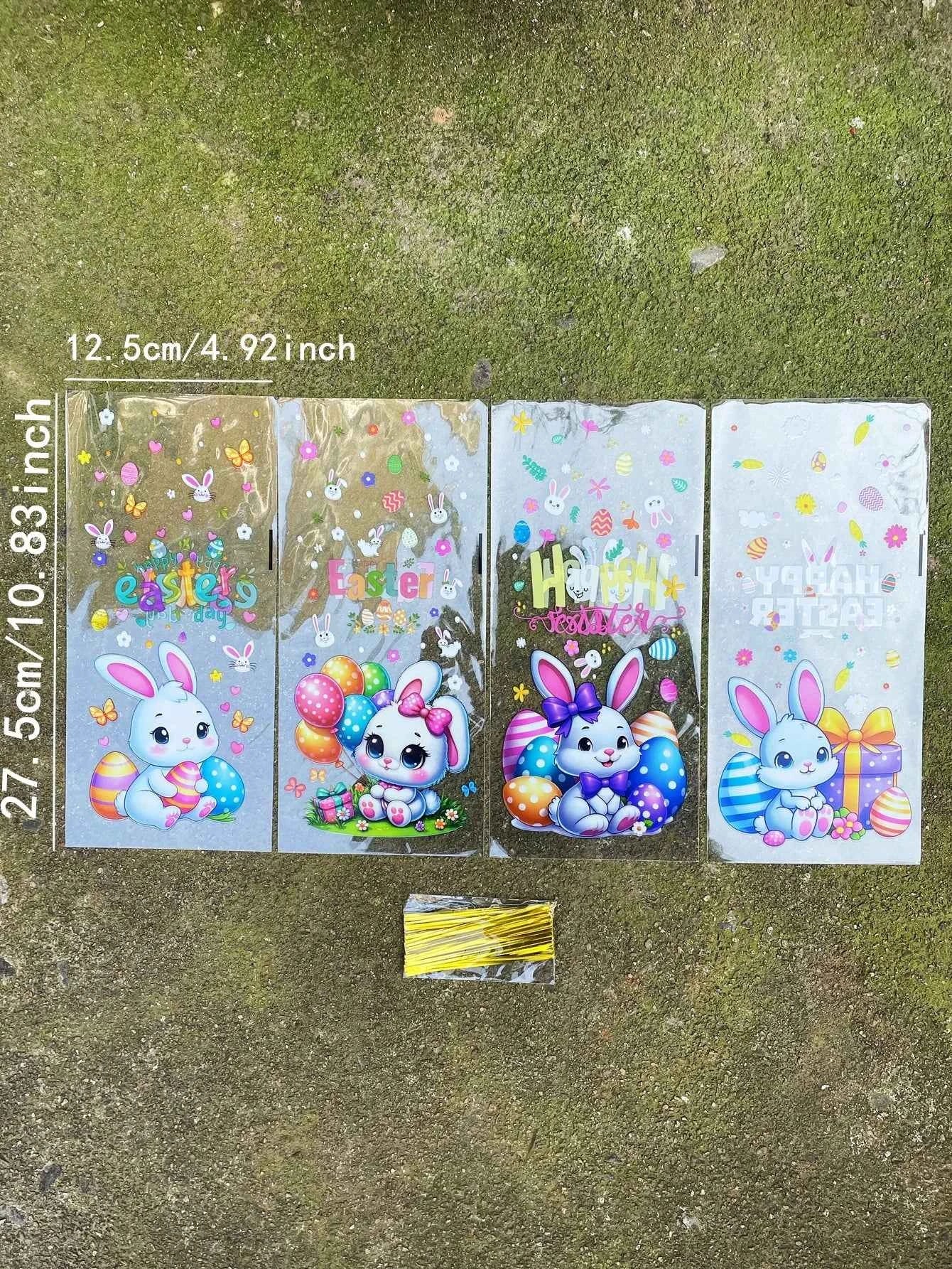 50pcs Cute Little Rabbit Easter Egg Pattern Gift Flat Bags With Golden Tie, Colorful Balloon Happy Easter Printed Gift Decor Bag