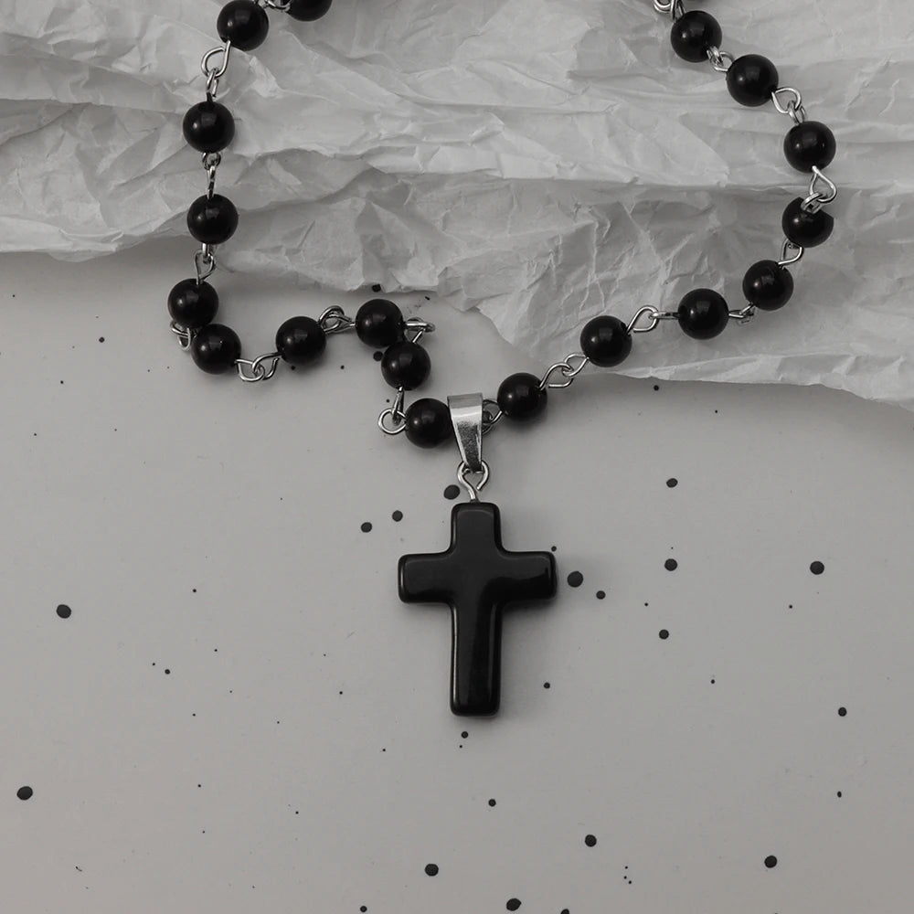 Gothic Bat Cross Dark Pendant Necklace Set, Y2K Personalized Thorn Love Black Bead Stacked Necklace Set, Suitable as Halloween G