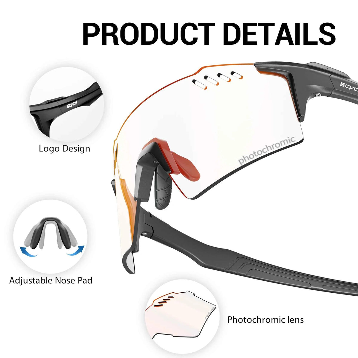 SCVCN Photochromic Bike Cycling Glasses UV400 Bicycle Riding Eyewear Sports MTB Outdoor Sports Golf Camping Driving Eyepieces