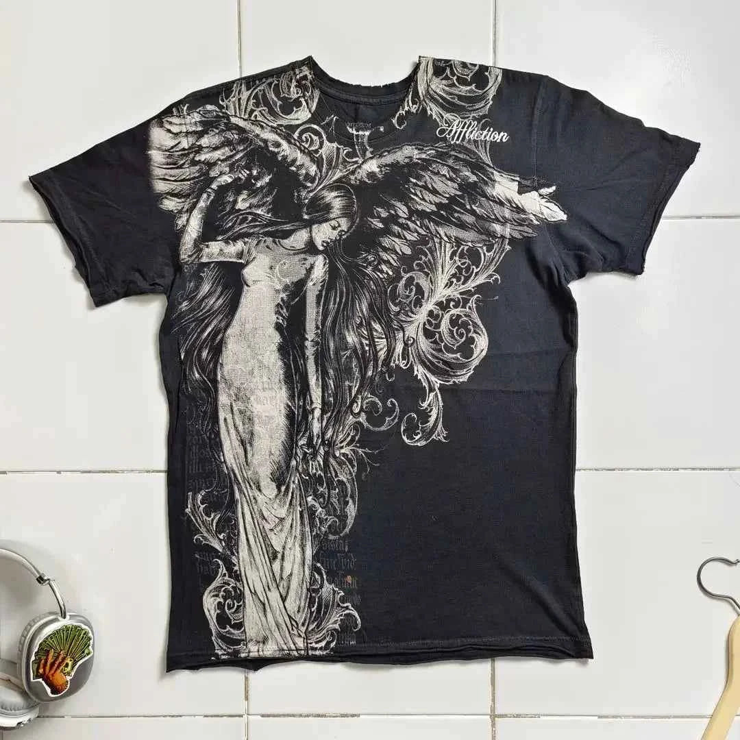 2000s American Skull Pattern Long sleeved T shirt Fashion Round Neck Oversized T shirt New Mens Casual Gothic Clothing Tops