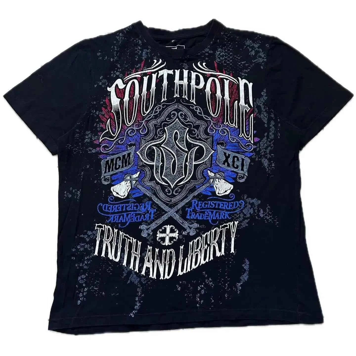 Southpole Y2K Vintage Cotton Graphic Tee Distressed Oversized Unisex T-Shirt with Gothic Print Streetwear Retro Soft Shirt Man