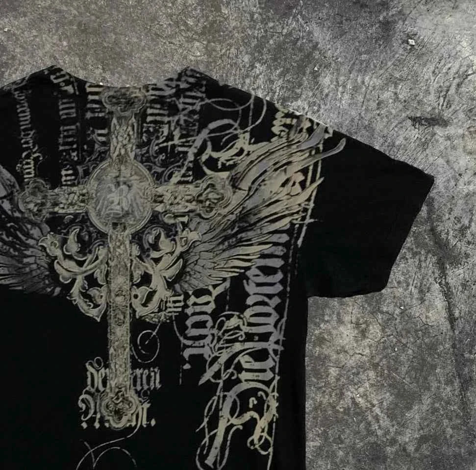 Southpole Y2K Vintage Cotton Graphic Tee Distressed Oversized Unisex T-Shirt with Gothic Print Streetwear Retro Soft Shirt Man