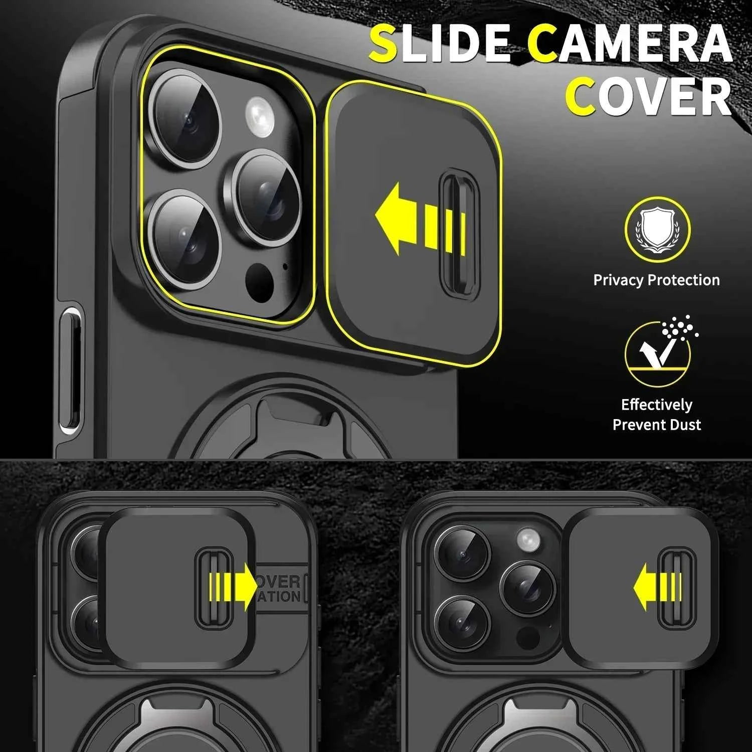 Luxury Heavy-Duty Rugged Armor Magnetic Bracket Case For iPhone 16 14 13 12 11 15 Pro Max Plus Slide Camera Protection PC Cover