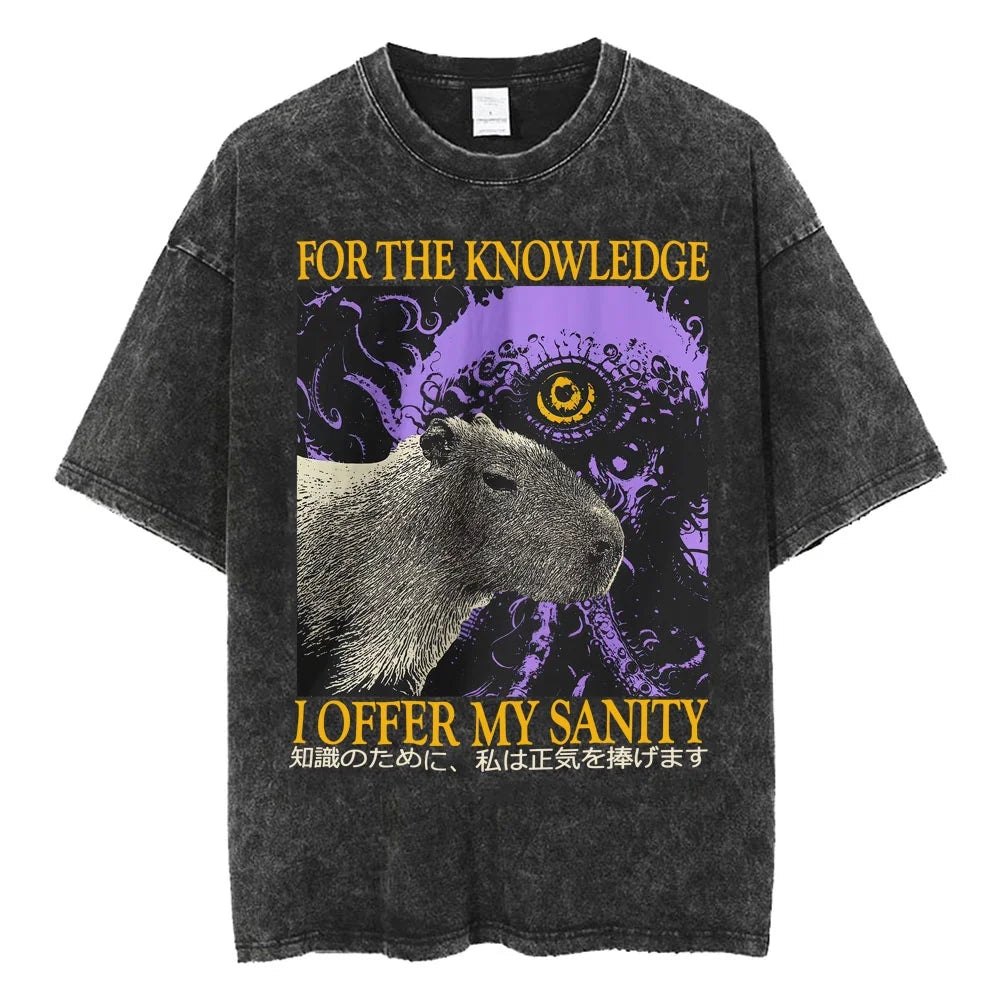 Creepy Cute Animal Graphic T-Shirts Vintage Washed Black Tees Funny Horror & Relatable Quotes Perfect for Anime Fans Streetwear