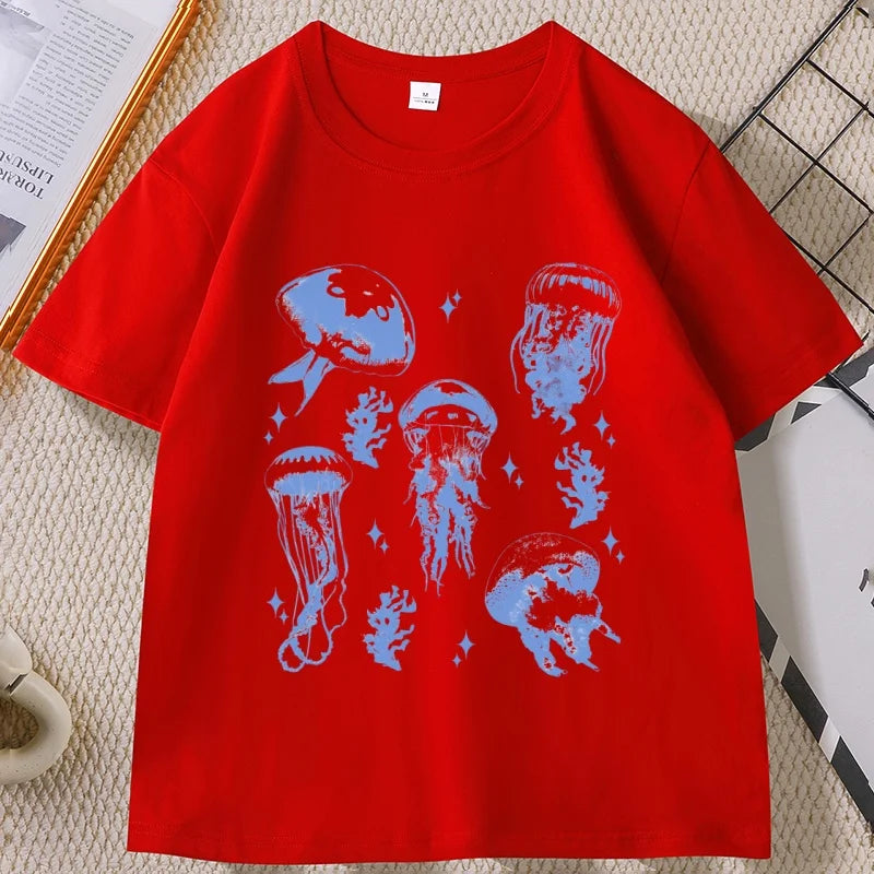 Vintage Jellyfish T-Shirt Summer Ocean Tee Sea Creature Top Beach Lover Gift Men Women Casual Round Neck Printed T Shirt