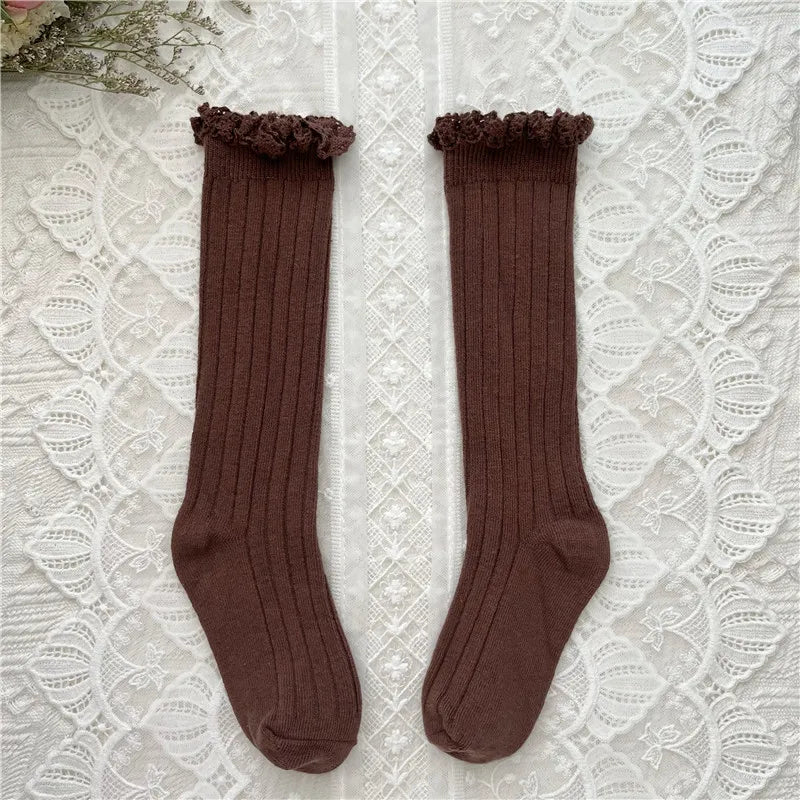 Ruffle Girls Knee High Socks Baby Kids Toddlers Long Soft Cotton Sock Lace Flower Children School Uniform Socks For 0-8Years
