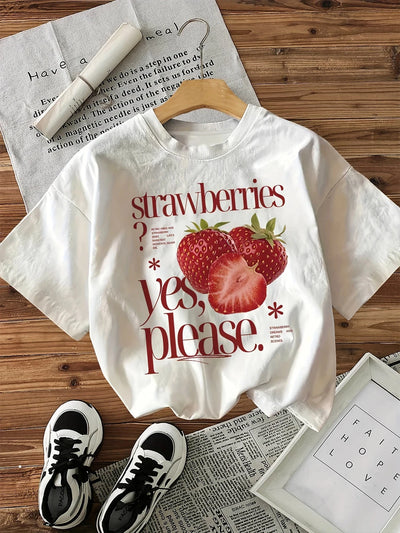 100% Cotton T-shirt Strawberry Graphic Print Women'S Vintage Casual Printed T Shirt Round Neck Short Sleeve Top Tee