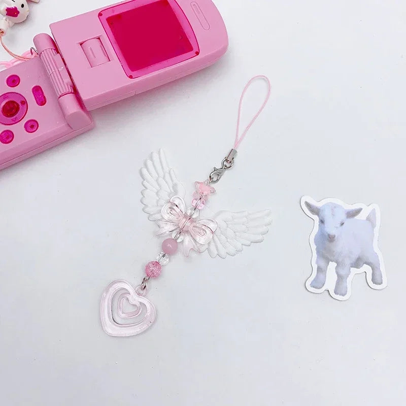 Lovely Wings Bow Heart Mobile Strap Phone Pendant Chain For Girls Women Fashion Sweet Keychain Bags Decorative Accessories Gifts