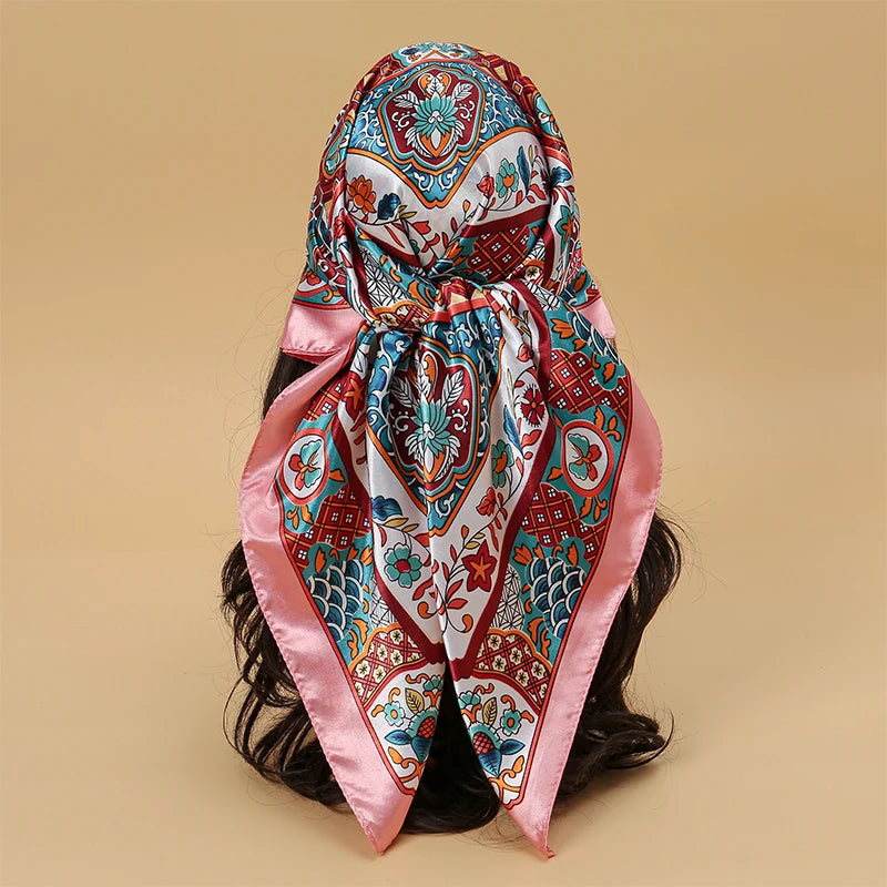 Satin Square Scarf Women Muslim Hijab Elegant 2025 Print Silk Neckerchief Shawl Wraps Headband Handle Hair Accessories Bandana