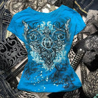 Women's Y2k Grunge T-Shirts 2000s Vinage Rhinestone Print Heart Rose T-Shirt Aesthetics Harajuku Round Neck Tops street fashion