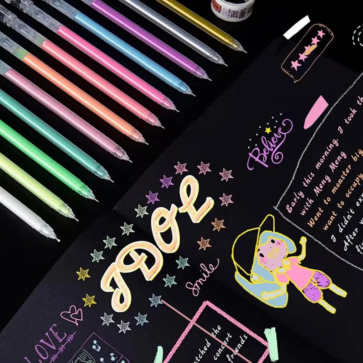 12 Color Large Capacity Needle Highlighter Fine Tip 0.5mm Gel Pen Drawing DIY Black Cardstock Drawing Marking Diary Doodling
