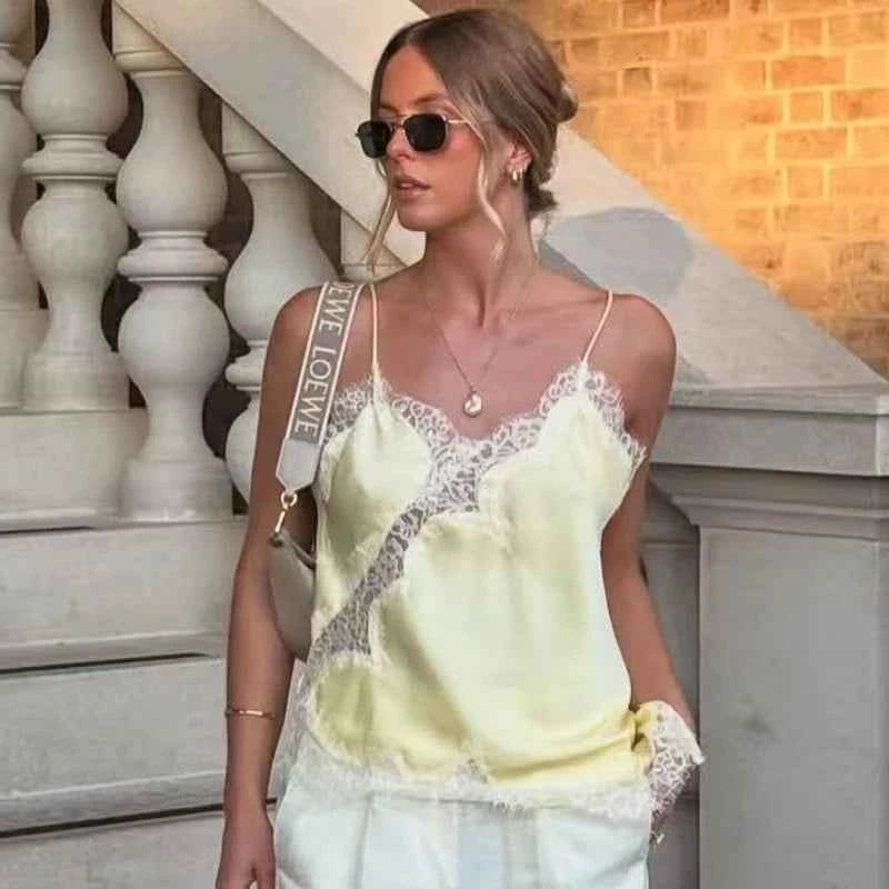 HXAO 2025 Woman Asymmetrical Slip Top Women Sexy Black Yellow Blue Top Lace Tanks & Camis Chic Y2K Sleeveless Backless Camisole