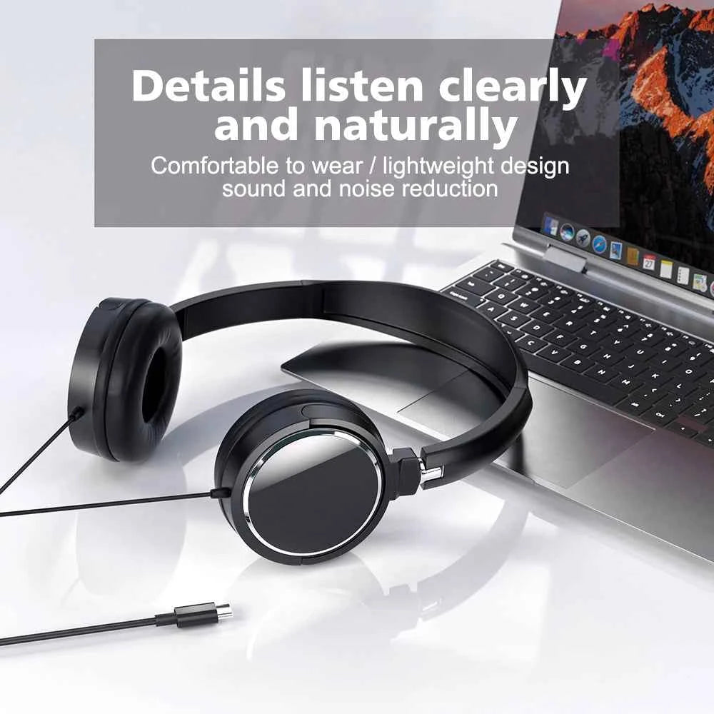 3.5mm/Type-C Wired Headphones Noise Cancelling Business Over Ear Headset Flexible Adjustable Stereo Earphones for PC MP3 Mobile