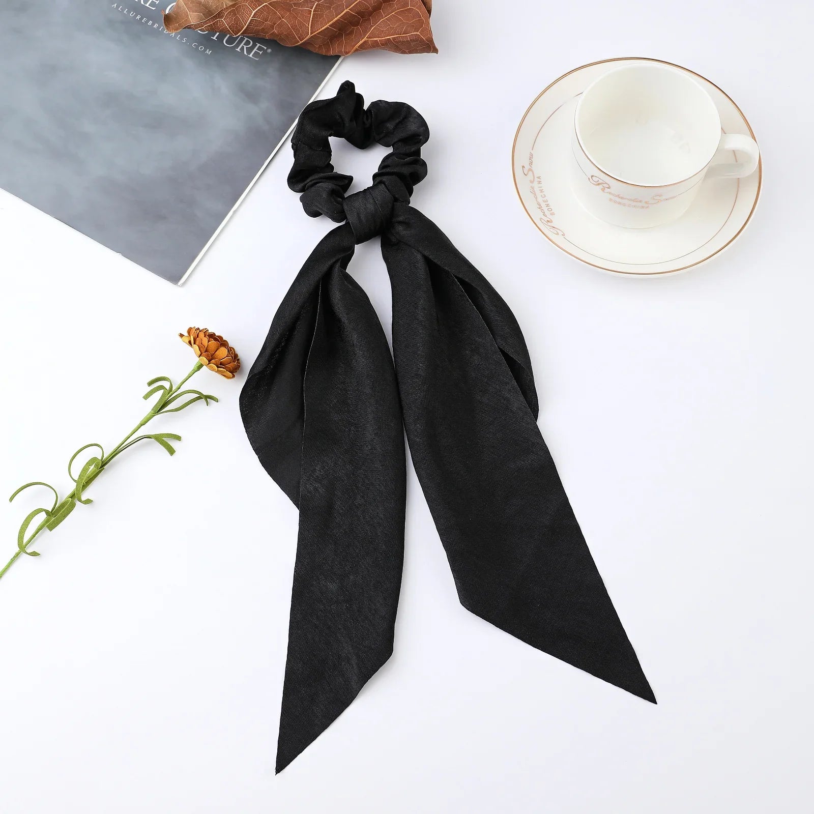 Fashion Flower Print Bow Satin Long Ribbon Ponytail Scarf Tie Scrunchies Women Girls Elastic Bands Hair Accessories