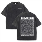 "CHANGE" Topographic Line Art Print Vintage Washed Beige Casual Graphic T Shirt