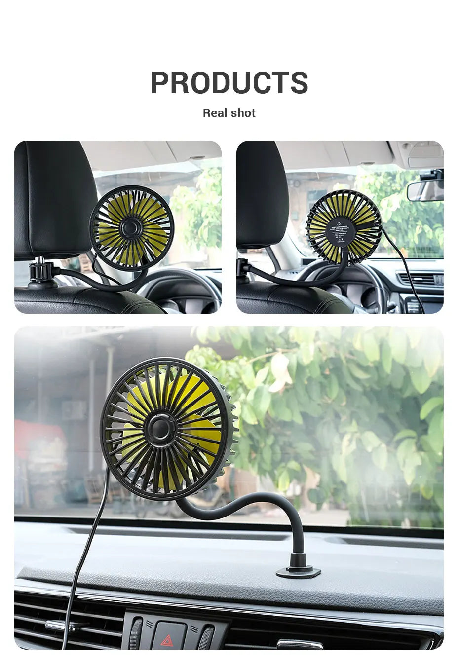 SEAMETAL Car Electric Fan Strong Wind 3-Speed Cooling Fan for Rear Seat Passenger Portable 360 Degree Rotatable Car Air Fan