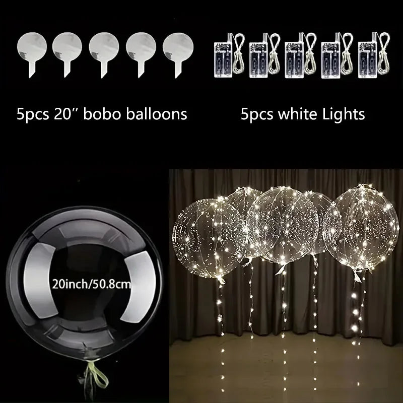 5 Sets LED Glow Balloons 20 Inch Clear Light Up Bobo Balloon with 3M String Lights Party Wedding Birthday Christmas Decoration