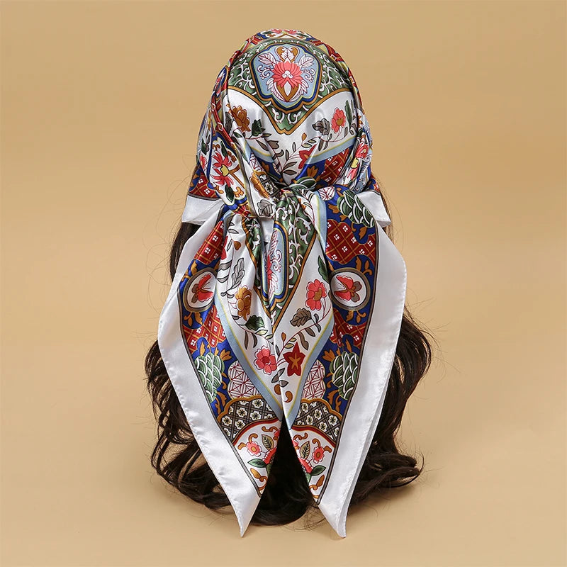 Satin Square Scarf Women Muslim Hijab Elegant 2025 Print Silk Neckerchief Shawl Wraps Headband Handle Hair Accessories Bandana