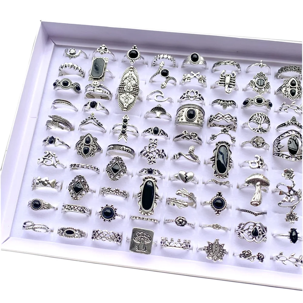 20Pcs Vintage Bohemia Black Rings Set For Women Men Mix Style Heart Love Flower Design Finger Jewelry Party Gifts