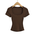 Square Collar High Stretch Summer Crop Tops Women Short Sleeve Tops Sexy Pullover Bottoming Blouses Slim T-shirt