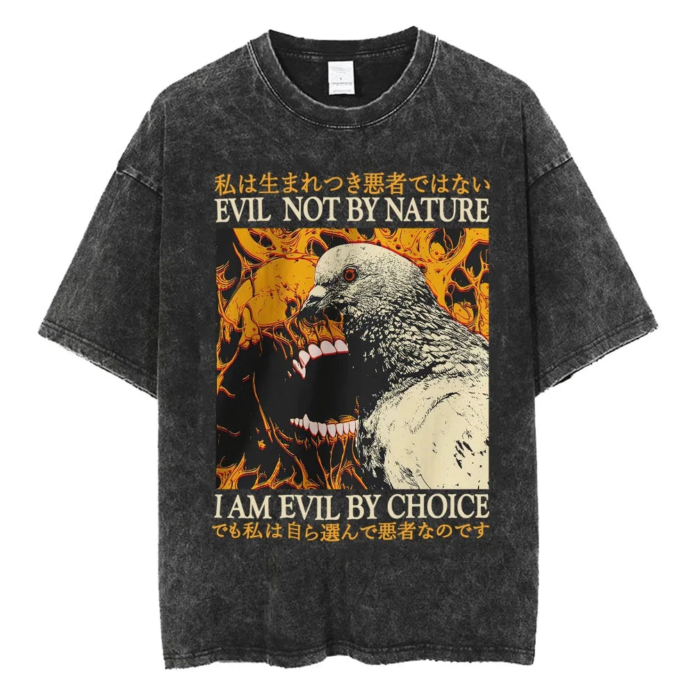 Creepy Cute Animal Graphic T-Shirts Vintage Washed Black Tees Funny Horror & Relatable Quotes Perfect for Anime Fans Streetwear