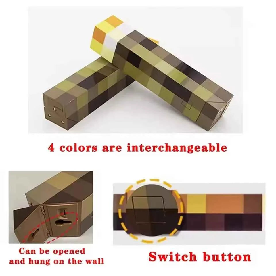 MC Game Brownstone Torch Lamp Figure 4Colors LED Night Light Bedroom Decorative Table Lamp USB Charging with Buckle Kids Toy Gif