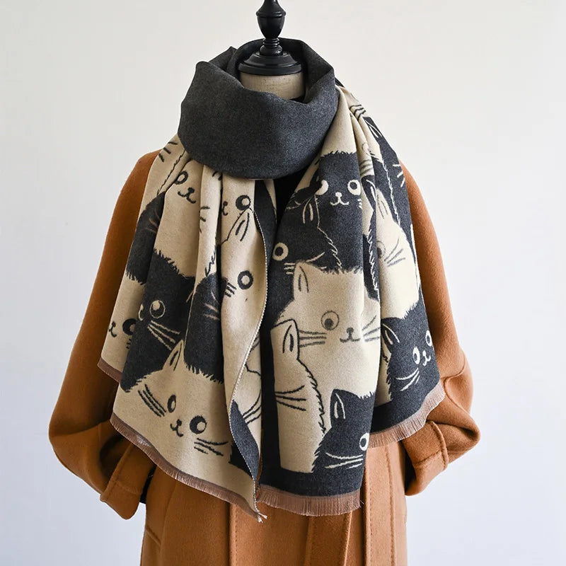 New Fashion Brand Cute Cat Ladies' Jacquard Pashmina Cashmere Scarf Winter Thick Warmth Shawl Coldproof Windproof Blanket Scarf