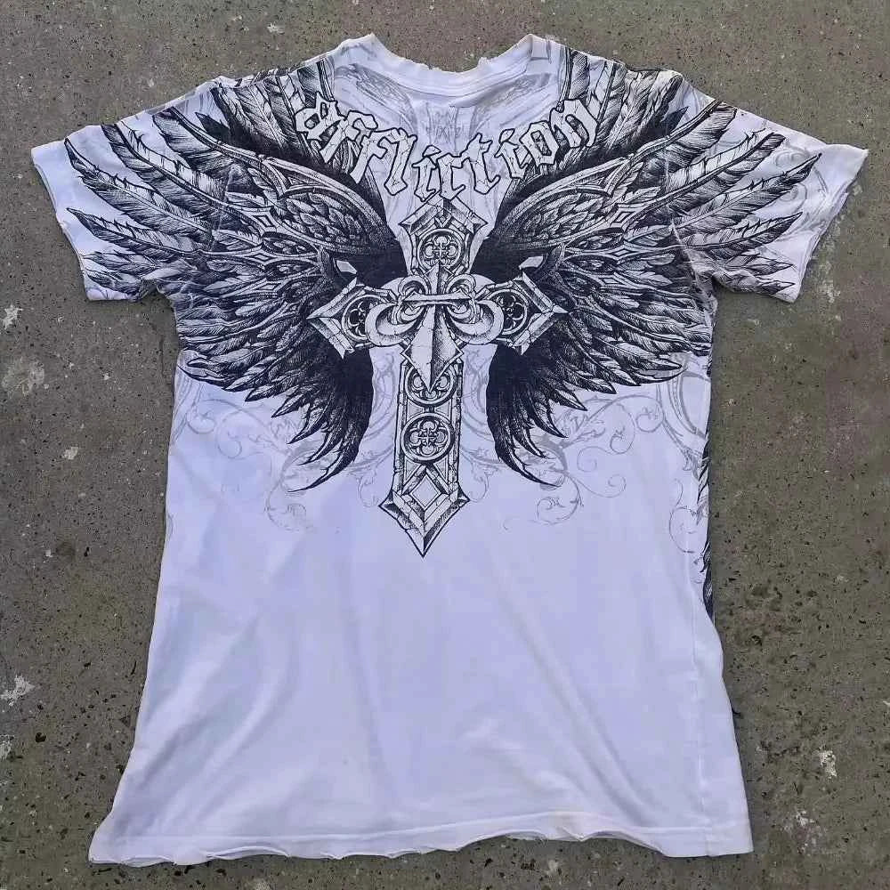 2000s American Skull Pattern Long sleeved T shirt Fashion Round Neck Oversized T shirt New Mens Casual Gothic Clothing Tops