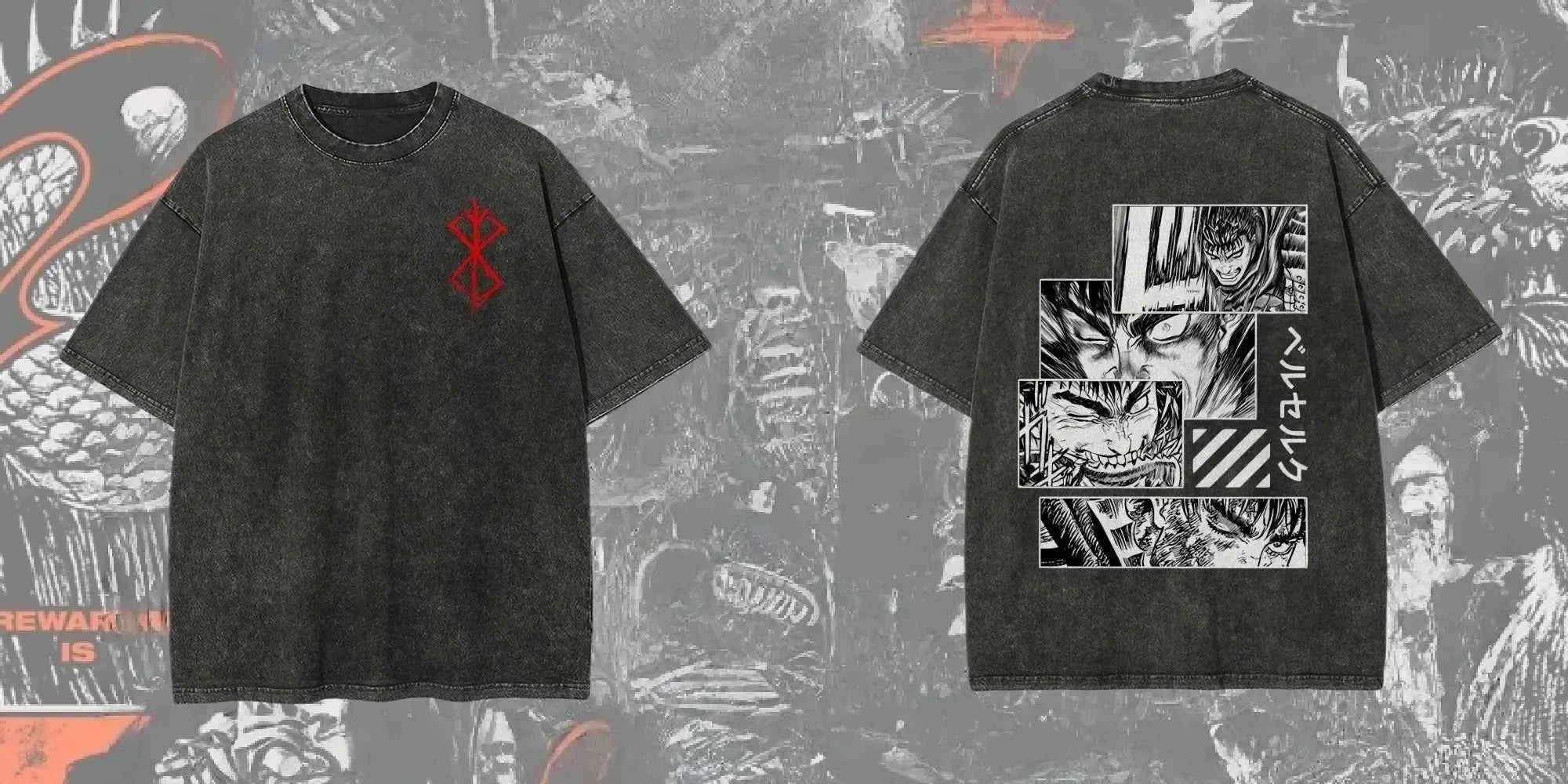 New Arrival Mens Clothes Tee Shirt Homme Graphic T-Shirts Men Tshirt for Men Ropa Hombre Washed Anime Berserk Baggy Camisetas