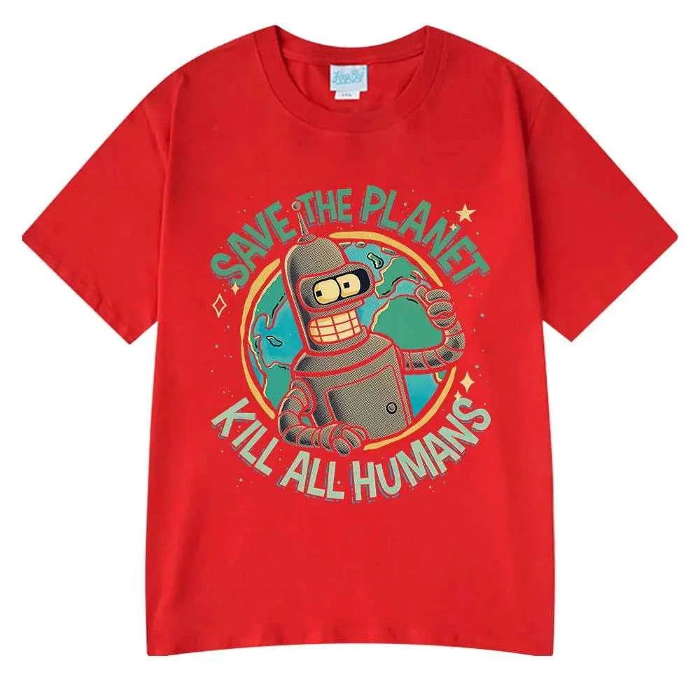 Funny Save The Planet Kill All Humans Robot Graphic Print T Shirt Men's Women Fashion Short Sleeve T-shirt Oversized Cotton Tees