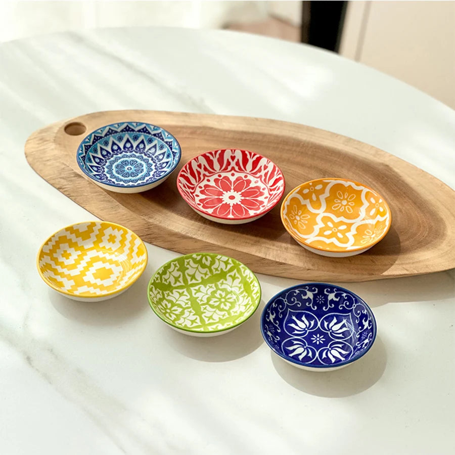 6/10 Pieces of Ceramic Condiment Dishes, Bohemian Plates, Sauce Dishes, Household Soy Sauce Vinegar Spice Dishes, Suitable for Home Kitchens, Restaurants, Sushi Bars, Parties, Hot Pot, Picnics, Camping, Barbecues, Cold