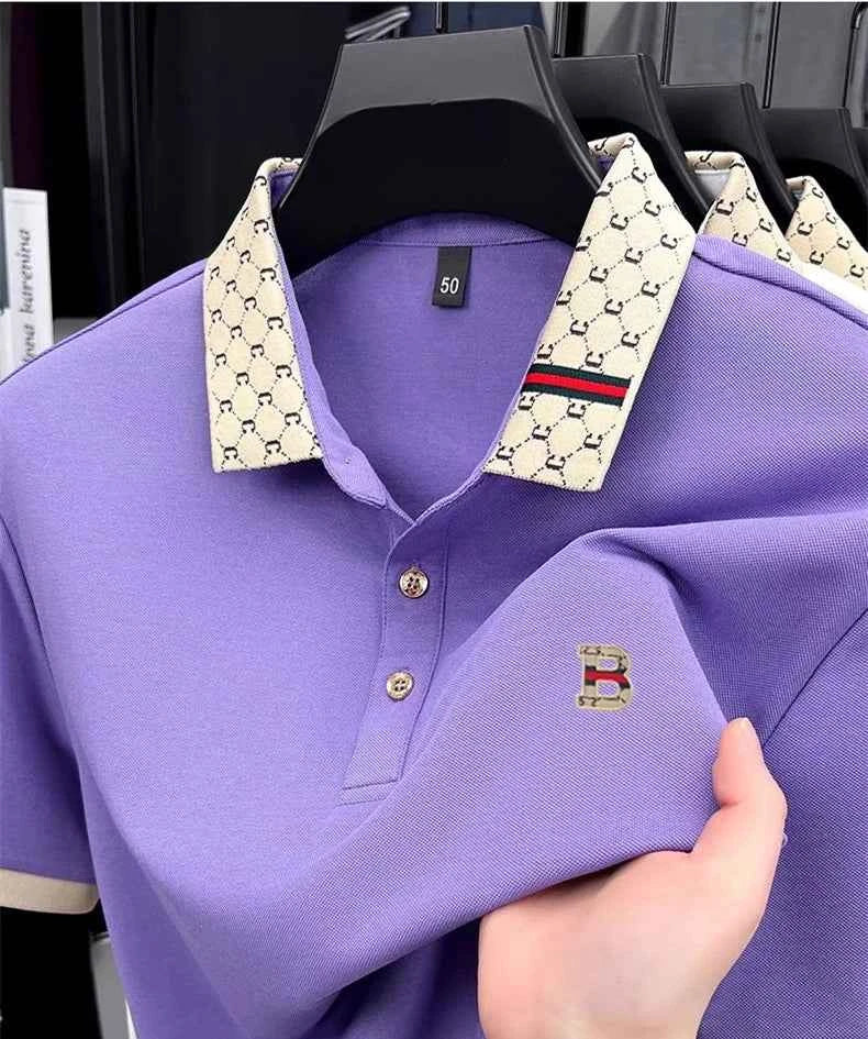 Luxury brand B letter embossed short sleeve polo shirt men summer lightweight breathable new fashion color blocked lapel T-shirt