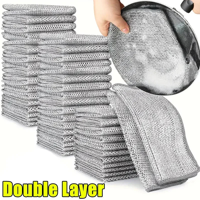 1/50pcs Magic Dishcloth Silver Wire Cleaning Kitchen Cloth Thickened Microfiber Wash Towel Built-in Sponge Steel Wire Ball Rag
