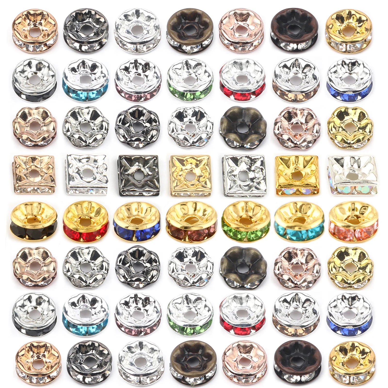 50pcs Rhinestone Spacer Beads Multi-color Crystal Metal Spacers Rondelle Beads for Jewelry Making DIY Bracelets Accessories