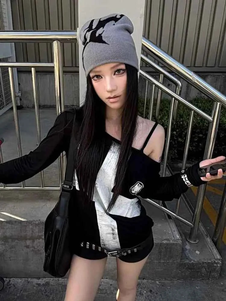 Seeslim Print Cross Graphic T Shirts Woman Long Sleeve Blck Goth Autumn Spring Tops Tees Female Clothing 2000s Clothes Y2k Chic