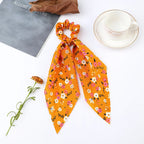 Fashion Flower Print Bow Satin Long Ribbon Ponytail Scarf Tie Scrunchies Women Girls Elastic Bands Hair Accessories