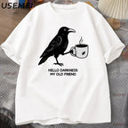 Vintage Crow Coffee T Shirt Halloween T-Shirt Fall Tee Women Men Cotton Tops Creative Crew Neck Tees Short Sleeve Loose TShirt