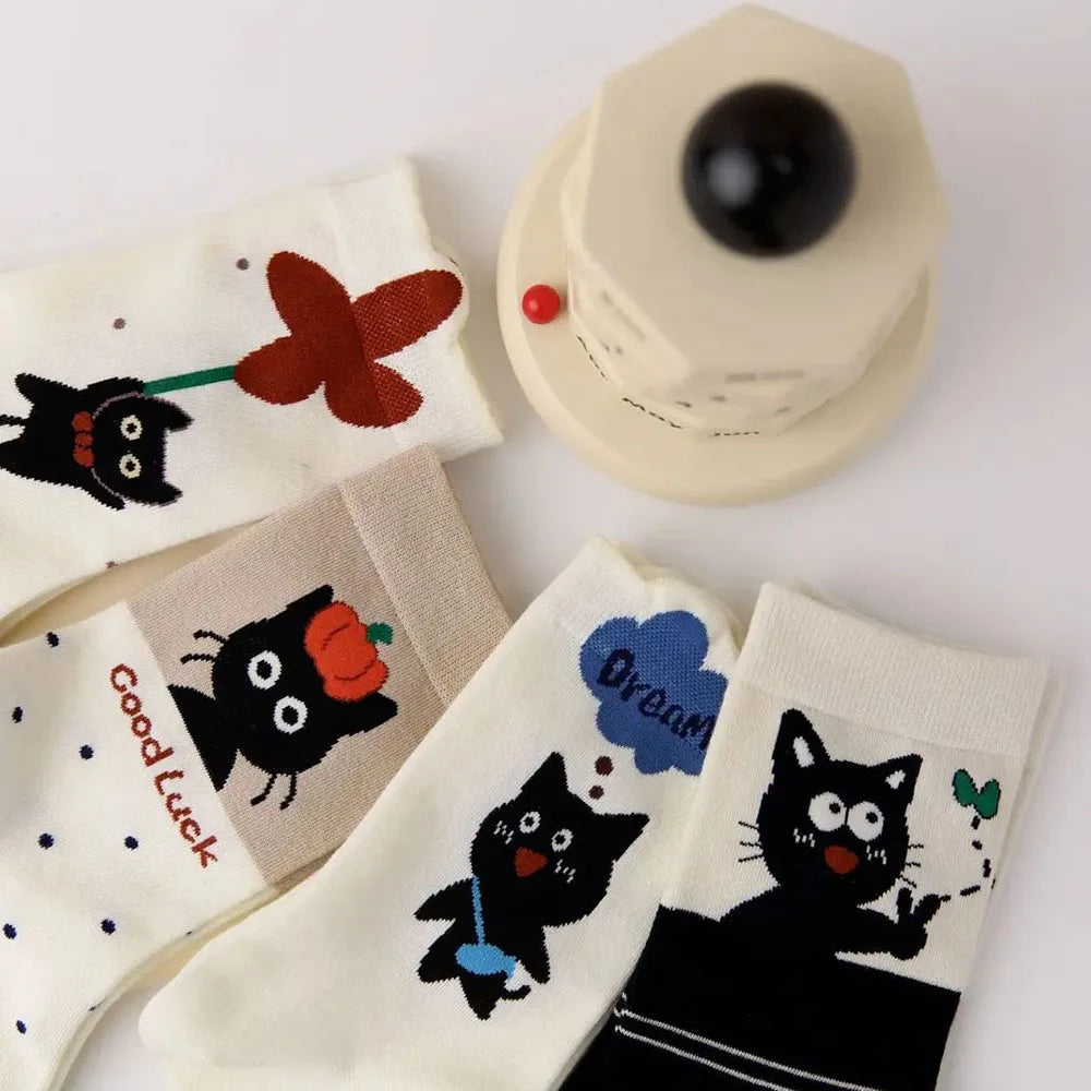 4 Pairs  Cute Socks with Personality Polka Dots Cat Korean-style INS Stacked Socks for All Seasons Student Mid-calf Socks