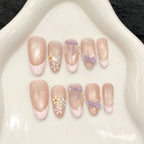 10pcs Handmade Press on Nails French Cat Eye Pink Bow Decor Korean False Nails Wearable Full Cover Ins Almond False Nail Tips