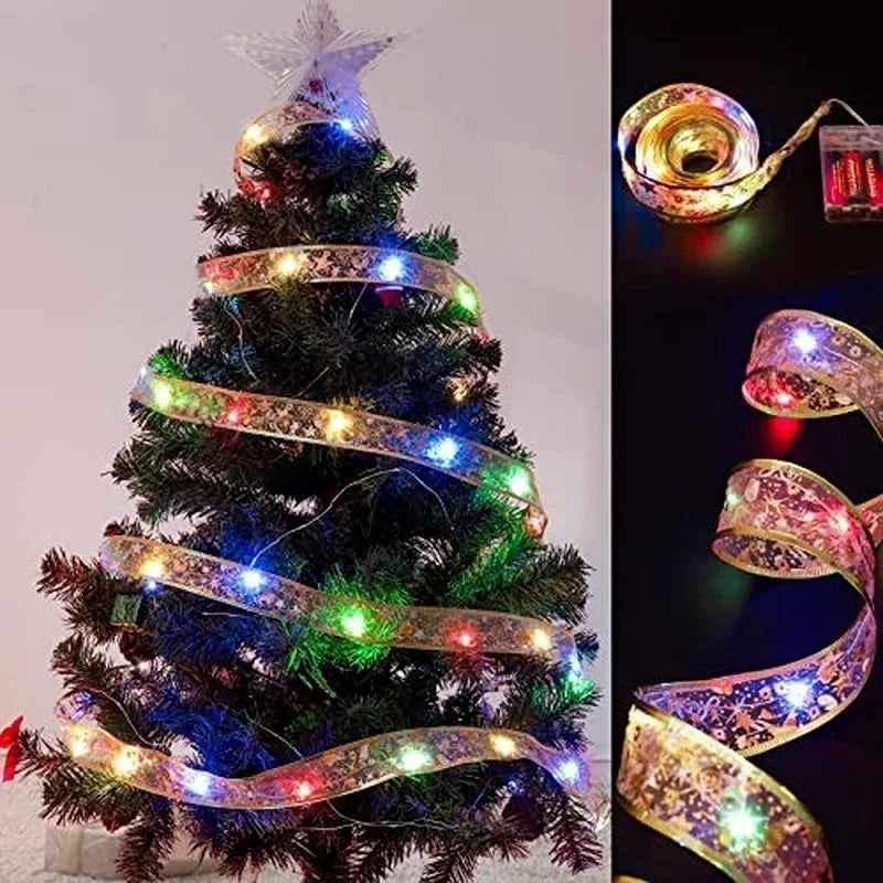 1/2/5/10M Christmas Tree Ribbon Fairy Lights, Indoor DIY Bows String Light Battery Powered for Christmas Tree New Year Decor
